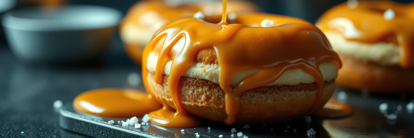 Delicious dessert with creamy filling and caramel drizzle served on a dark surface